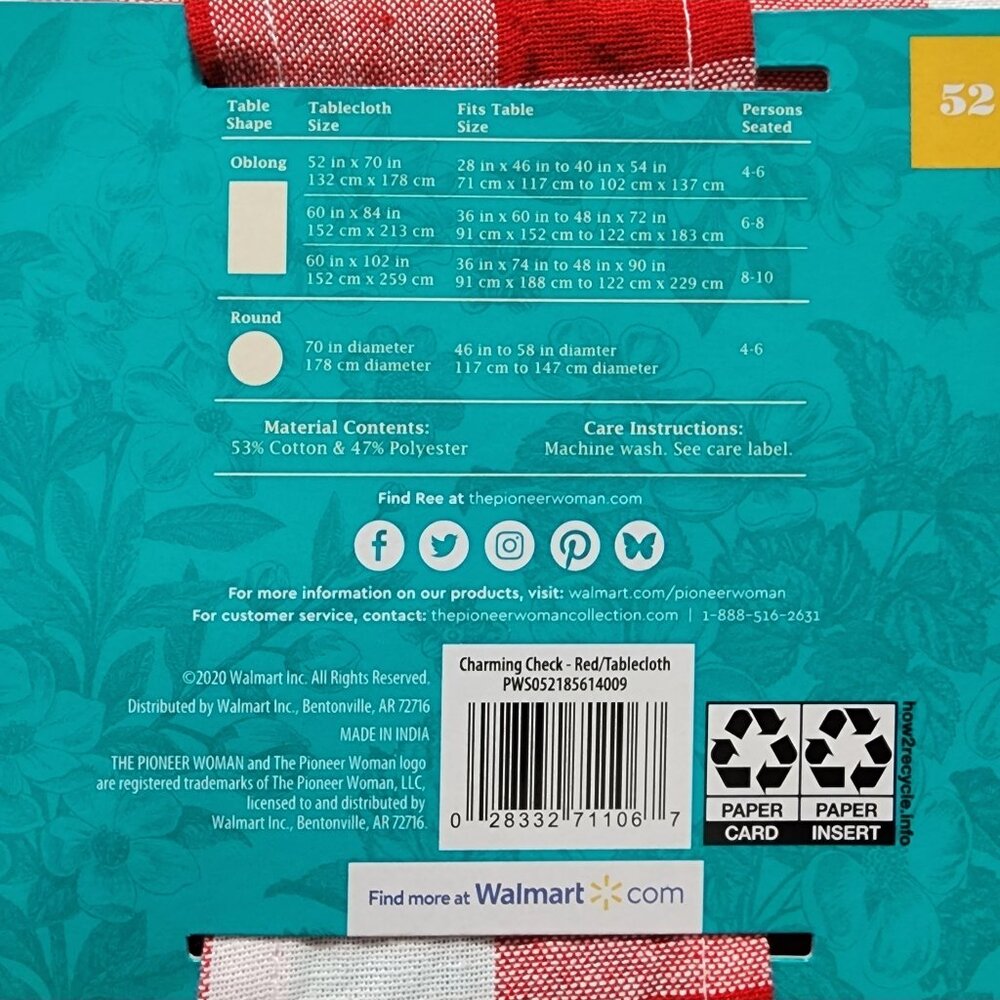 Pioneer Woman Charming Check Tablecloth Red White Picnic Oblong 52"W x 70"L - Picture 6 of 7